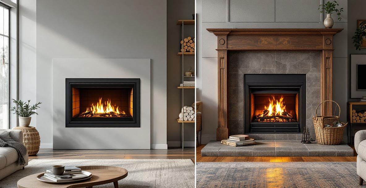 Split image comparing gas and wood burning fireplaces